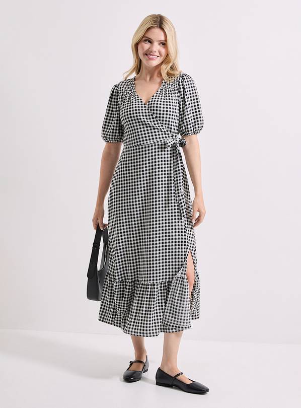 DOROTHY PERKINS Gingham Puff Sleeve Wrap Front Midi Dress 14